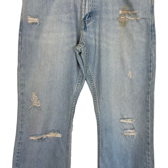 Levi’s Distressed 527 Low Boot Cut Destroyed Light Blue Wash Denim Jeans W32 L30 - Picture 9 of 16